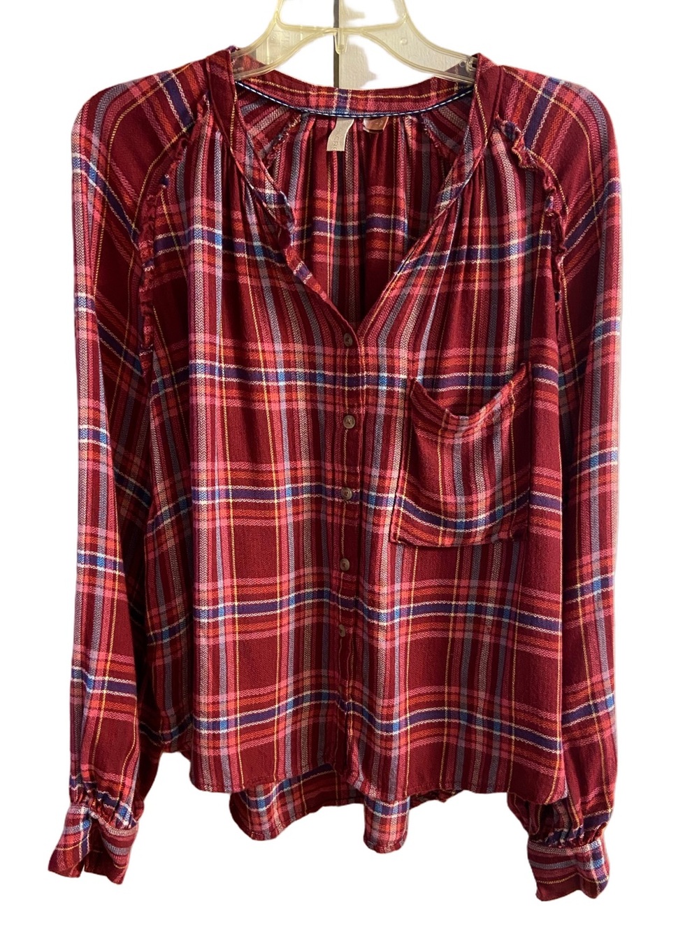Pilcro Burgundy Plaid Button Front Top Wool Blend Large
